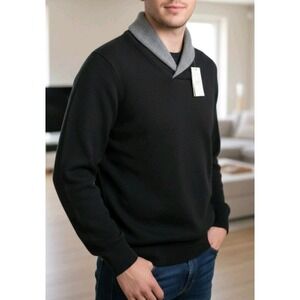 TOSCANO Men's M Black Shawl Collar Sweater Merino Wool Blend Knit Pullover...